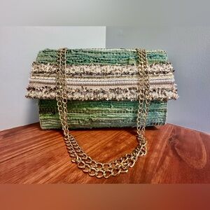 Green Leather Purse with Gold Accessories